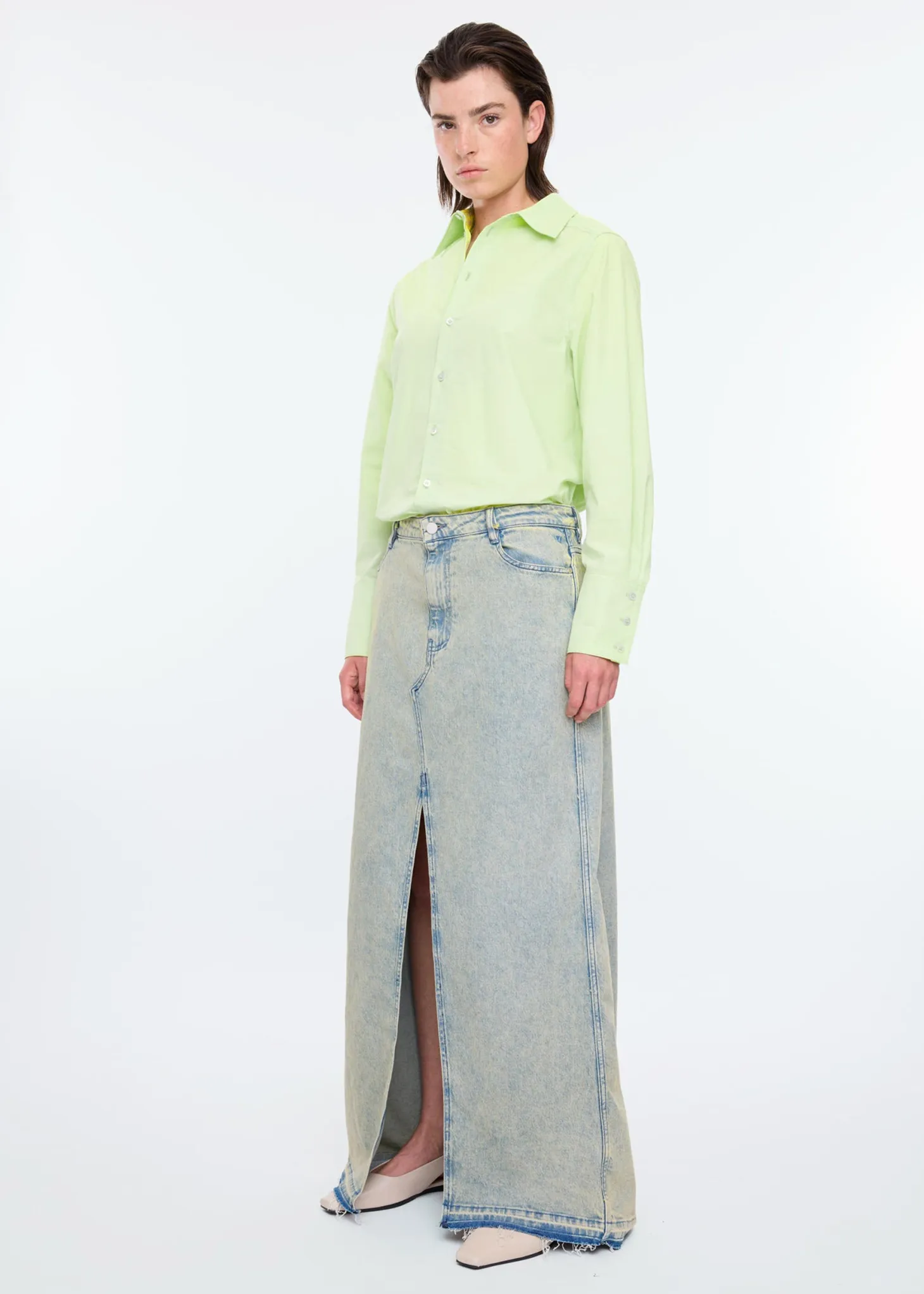 Long tinted denim skirt
